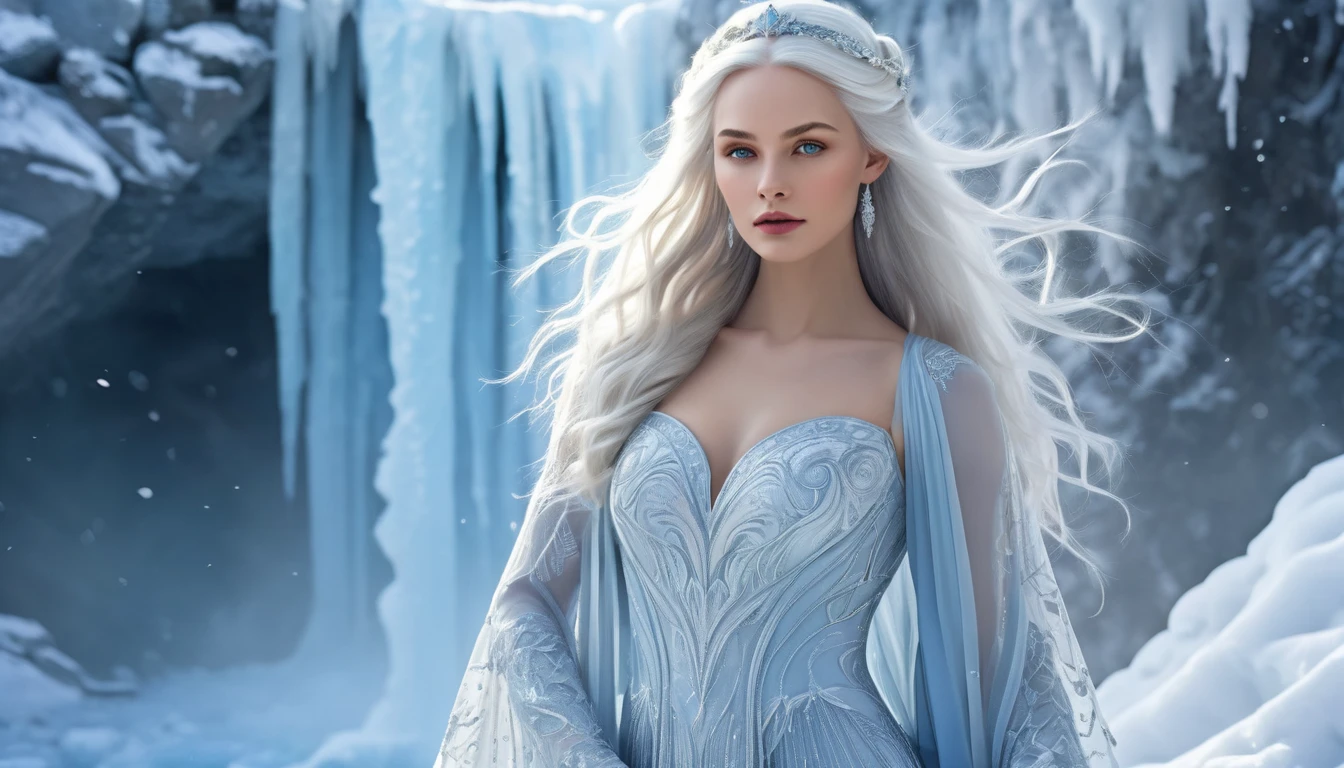 (full body), (Winter Goddess:1.1), (intricate stitching:1.2), (ice blue gloves), (fantasy atmosphere), (fantasy forest creatures in background), (snowfall), (dynamic lighting:1.2), (celestial phantom being), (white dress with diamonds and white fur:1.3), (enchanting beauty:1.1), (very intricate:1.2), (ethereal purity:1.1), (snowflakes:1.2), (frost and ice), (veiled in moonlight:1.5), (reflections), (purple winter berries:1.3), (singular beauty), (wintertime:1.1), (detailed skin), (soft lighting), (subsurface scattering), (Intricate), (High Detail), (film photography), (detailed skin texture), (elegant), (beautiful wavy hair), (white hair:1.3), (blue eyes), (pine trees), (real skin, textured skin, intricately detailed eyes, perfect lips:1.1), 18 years old, cinematic lighting, (subsurface scattering:0.9), (depth of field:1.4)