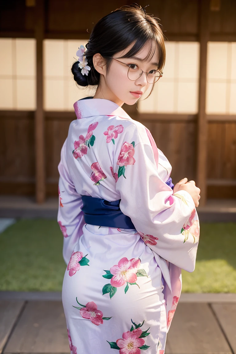 (masterpiece, highest quality:1.4), Beautiful Face, 8k, 85mm, Absurd, (Floral Yukata:1.1), Face close-up, violet, Gardenia, Delicate girl, alone, night, View your viewers, Upper Body, Film Grain, chromatic aberration, Sharp focus, Face Light, Professional Lighting, Sophisticated, (smile:0.4), (Simple Background, Bokeh Background:1.2), detailed aspects,(Show one breast:1.2)((Very young and immature & Very few & Very flat chest:1.2),(Pink fashion glasses,1),(Showing anus from behind:1),(hour々々Anal licking:1),(((Take off your yukata and show your anus:1.2))),