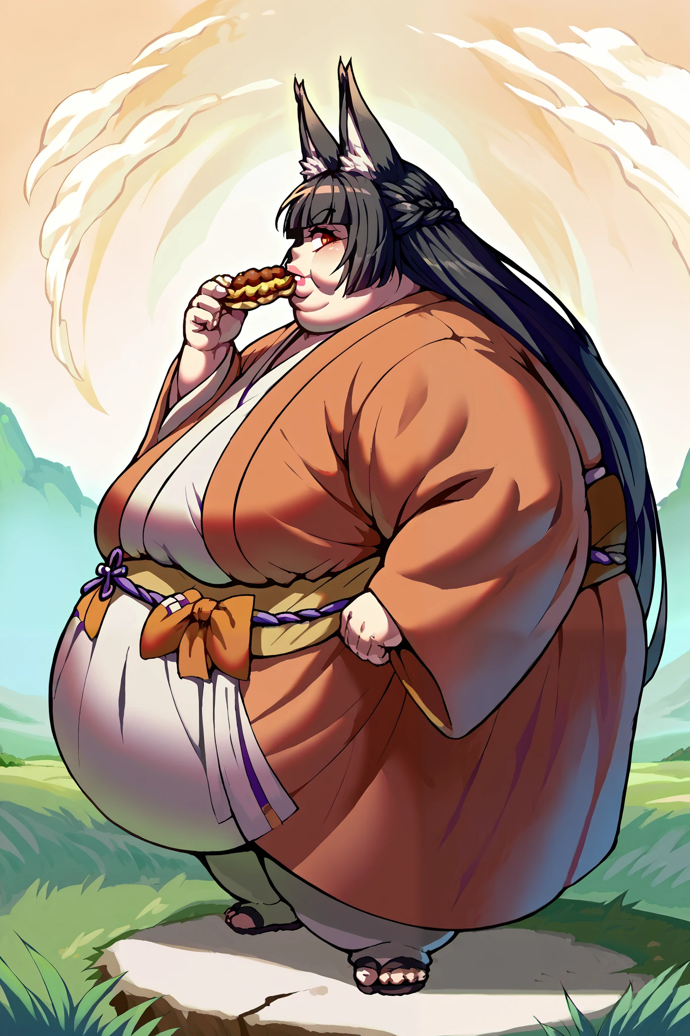 Girl becoming a monster, becoming a troll, fat, chubby, obese, kimono, score_9, score_8_up, score_7_up, source_anime BREAK 1girl, solo, hoshimi, red eyes, black hair, very long hair, blunt bangs, braid, fox ears, big ears, big nose, big lips, 900 pounds, 10 ft tall, hunchback, broad shoulders, big belly, grass field, eating melons, side view