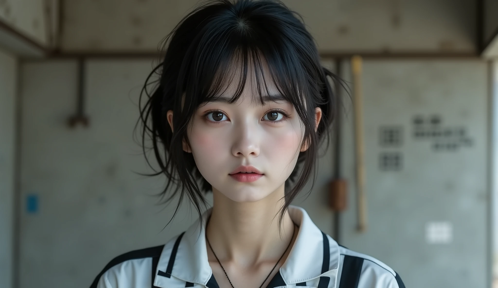 8k,ultra high definition ,  top quality, masterpiece,rule of thirds,golden ratio,surreal,pictures, One Woman,( girl:1.3),cute,cute顔, Beautiful Eyes in Every Detail , 細かくdetails,mature women,princess,upper body, black hair,Short Messy hair,ID photo, luxurious and beautiful ,(A  Famous Japanese Idol Girl),(((glaring))),((Prison uniform:1.3)),((Female Prisoner)),Low position,low angle,Exposed concrete wall,Stiletto heels,( She's Standing in Front of Me), very delicate expression ,  delicate eye description,, healthy figure, ((1 female)), Height: 160cm ,( thin waist:1.4)、( Beautiful :1.4), pink lips,Profile ,((( ideal figure))),Small bust, A cup :2, portraits:2、 perfect anatomy 、鮮明な details、 details,thin lips,Perfect and beautiful face  ,完璧でcute顔,   meticulous skin  , perfect limb,thin waist, surreal,Light and Dark, Fashion Magazine Cover ,darkness