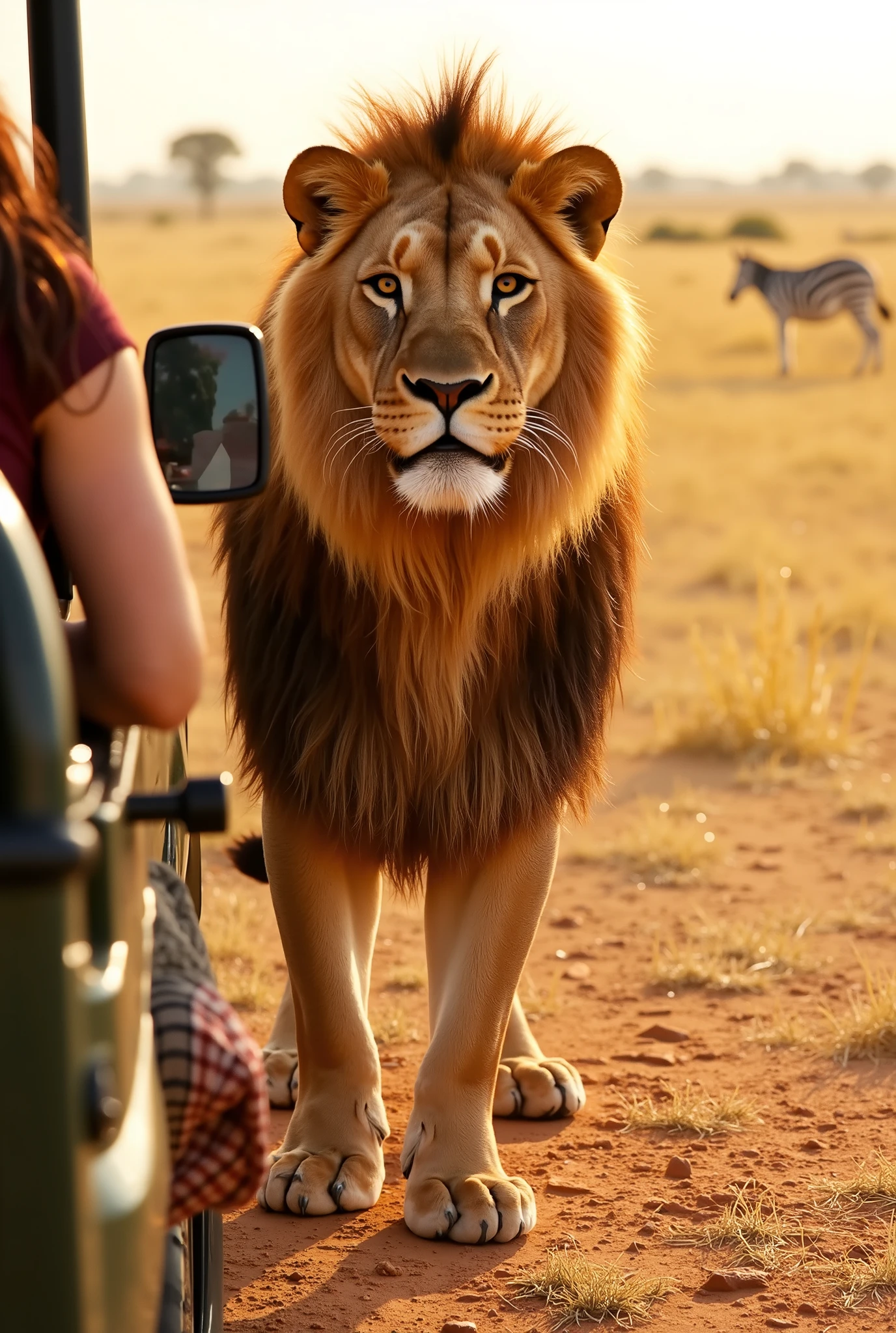 A **hyper-realistic, cinematic wildlife shot** of a **majestic African lion standing proudly in the golden grasslands of a Senegalese safari**, its **muscular frame bathed in the warm afternoon sunlight**. The **rich golden mane flows gently in the breeze**, with **each individual hair catching the light**, giving it a regal, powerful appearance. Its **piercing amber eyes are locked onto something in the distance**, while its **strong paws press into the dry, cracked earth**, leaving subtle imprints.
In the **left corner of the image, a safari vehicle is visible**, where a **woman with long, wavy dark red hair and soft bangs sits holding a DSLR camera**, completely blurred and out of focus. The **texture of her safari outfit and the metallic edges of the camera lens blend into the depth of field**, keeping the focus entirely on the **lion, which dominates the center of the frame**.
The **dusty air shimmers under the heat**, creating a subtle mirage effect near the horizon, while the **background consists of endless grasslands with scattered acacia trees and the distant silhouette of zebras grazing**. The atmosphere captures the **raw power, elegance, and intensity of the wild**.