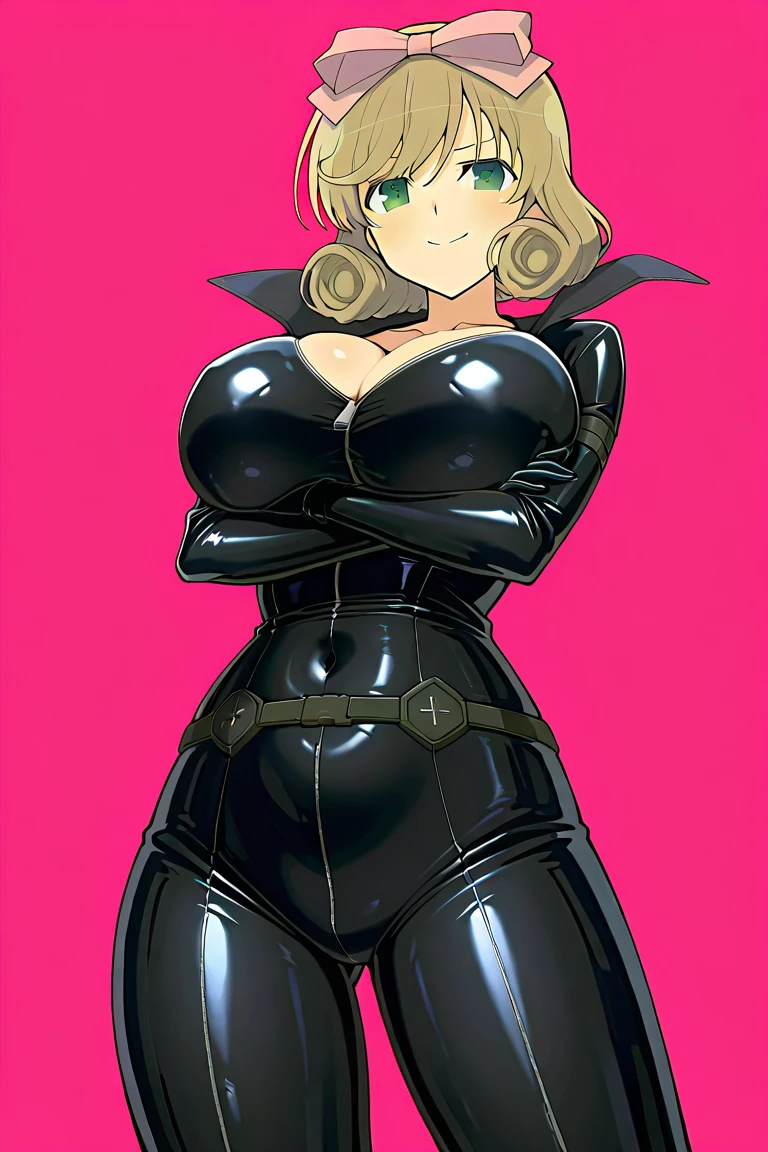 schwizerland woman, blonde curly hair, pink latex outfit,pink latex blazer  bodysuit,pink thicc shoulder pads, pink boots, whitte gloves, blue eyes, big breast,walking in a bar
