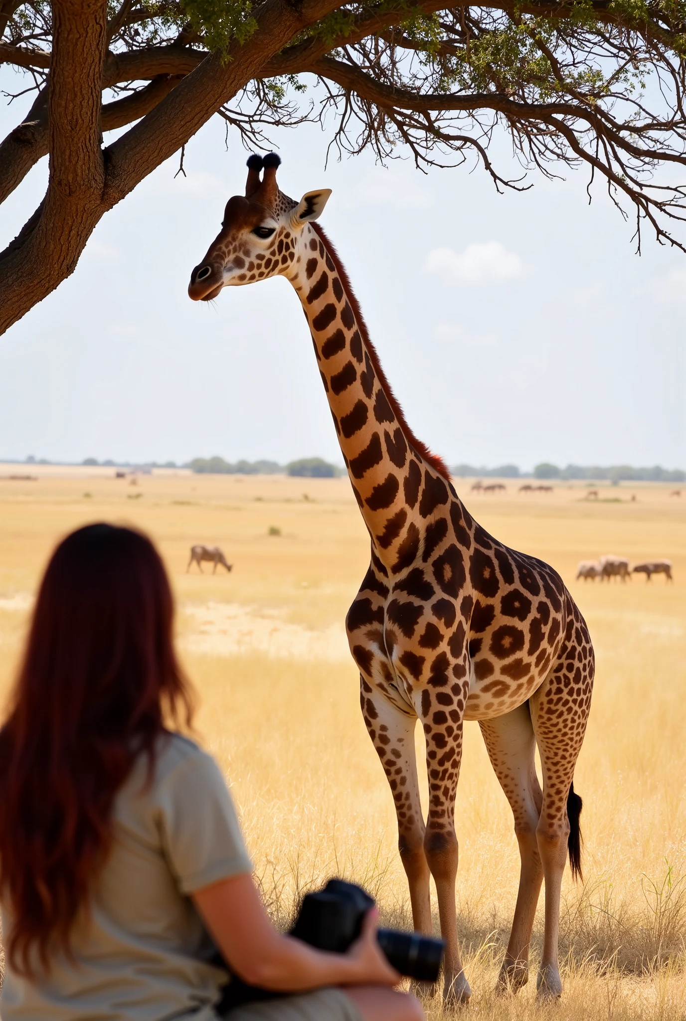 A **hyper-realistic wildlife shot** of a **graceful giraffe standing under the shade of a tall acacia tree in the Senegalese savannah**, its **long, elegant neck stretching up to pluck leaves from the branches**. The **soft sunlight filters through the delicate, spindly branches**, casting **beautiful dappled shadows onto the giraffe’s patterned coat**, revealing **intricate details in its spots and fine hair texture**. Its **deep brown eyes are calm**, framed by long, delicate lashes, while its **ears twitch slightly in response to distant sounds**.
In the **left corner of the image, a safari vehicle is parked**, where a **woman with long, wavy dark red hair and soft bangs sits holding a professional DSLR camera**, her form completely blurred. Her **hands grip the camera, the strap resting against her safari shirt**, but she remains **intentionally out of focus**, drawing full attention to the **elegant giraffe in the center**.
The **savanna in the background stretches into the horizon**, with **dusty trails winding between scattered trees**, and a **herd of antelopes grazing peacefully in the distance**. The composition is balanced, capturing the **beauty and stillness of the African wilderness**.