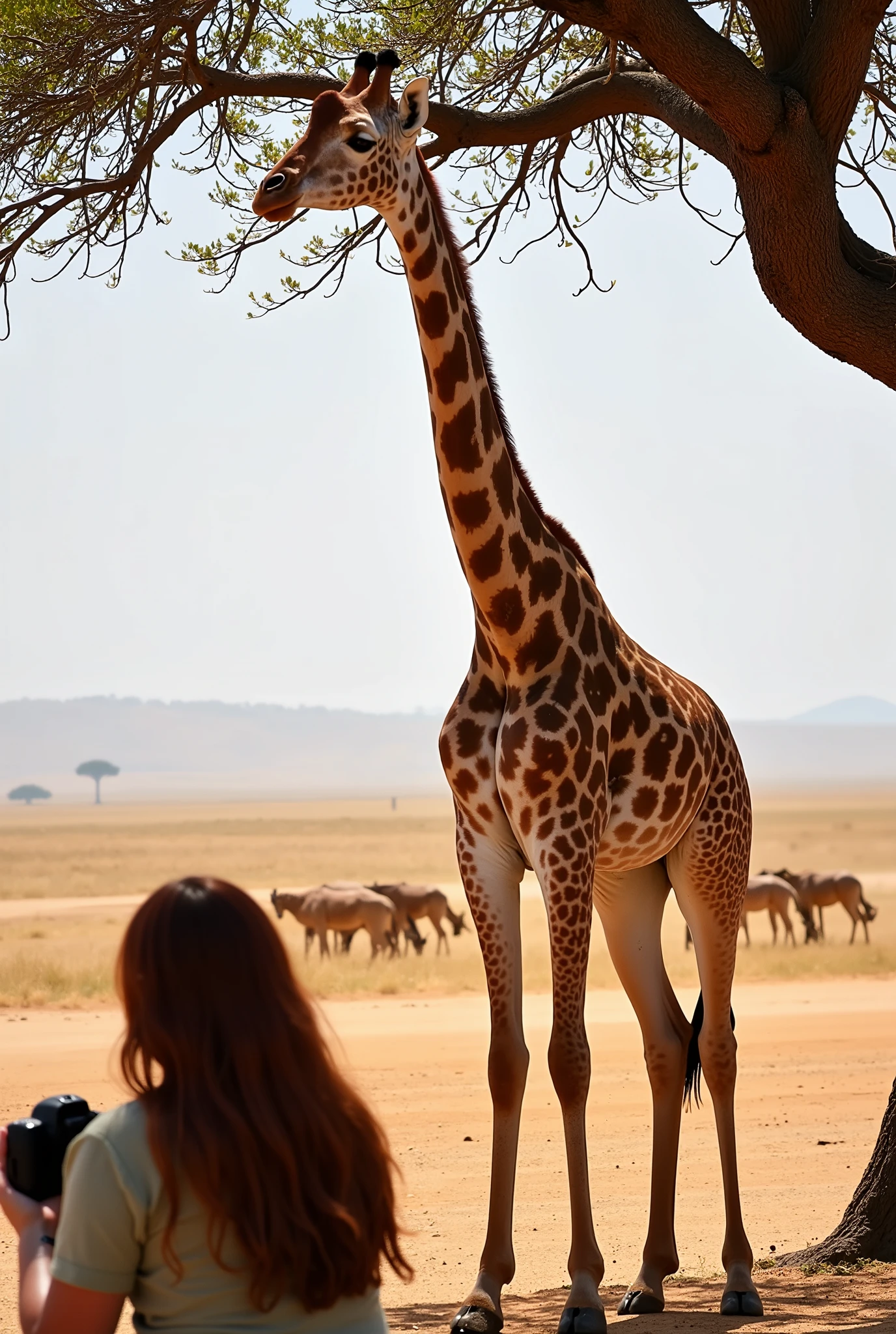 A **hyper-realistic wildlife shot** of a **graceful giraffe standing under the shade of a tall acacia tree in the Senegalese savannah**, its **long, elegant neck stretching up to pluck leaves from the branches**. The **soft sunlight filters through the delicate, spindly branches**, casting **beautiful dappled shadows onto the giraffe’s patterned coat**, revealing **intricate details in its spots and fine hair texture**. Its **deep brown eyes are calm**, framed by long, delicate lashes, while its **ears twitch slightly in response to distant sounds**.
In the **left corner of the image, a safari vehicle is parked**, where a **woman with long, wavy dark red hair and soft bangs sits holding a professional DSLR camera**, her form completely blurred. Her **hands grip the camera, the strap resting against her safari shirt**, but she remains **intentionally out of focus**, drawing full attention to the **elegant giraffe in the center**.
The **savanna in the background stretches into the horizon**, with **dusty trails winding between scattered trees**, and a **herd of antelopes grazing peacefully in the distance**. The composition is balanced, capturing the **beauty and stillness of the African wilderness**.