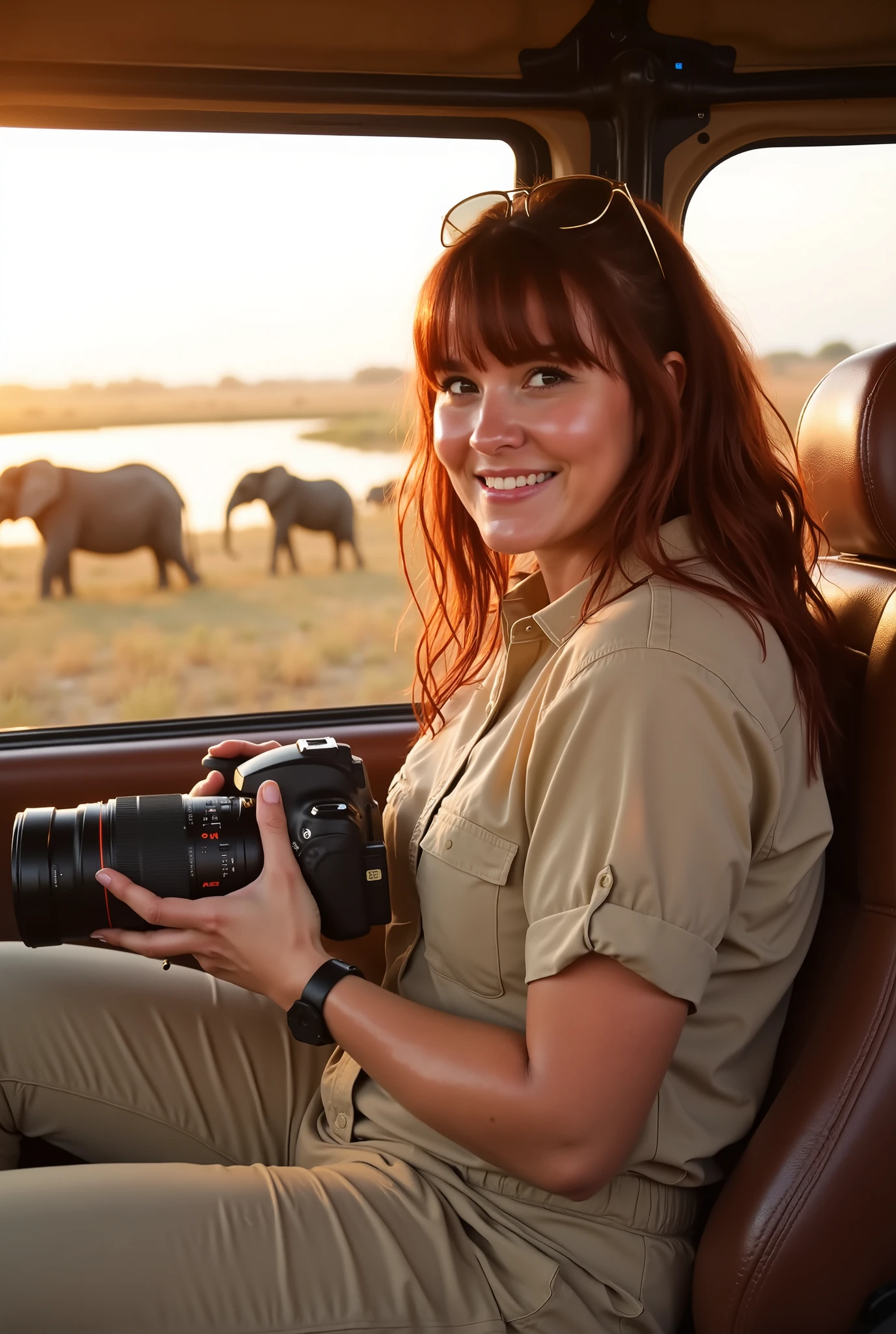 A **hyper-realistic mid-range shot** of a **lightly curvy woman with long, wavy dark red hair and soft bangs**, seated comfortably inside an **open-roof safari jeep in Senegal**, holding a **professional DSLR camera with a zoom lens**. She wears a **light khaki button-up shirt with rolled-up sleeves, beige safari-style cargo pants, and sunglasses resting on her head**.
Her expression is one of **excitement and concentration**, as she leans slightly forward, her **fingers adjusting the focus ring of the camera**. The **warm, golden sunlight illuminates her face**, casting soft highlights on her **hair and tanned skin**.
In the background, the **blurred silhouette of an elephant family walking past a watering hole** adds depth to the composition. The **dust kicked up by their heavy steps catches the sunlight**, creating a **dreamlike, cinematic atmosphere**. The **interior of the safari jeep features leather seats and safety bars**, emphasizing the adventurous nature of the journey.