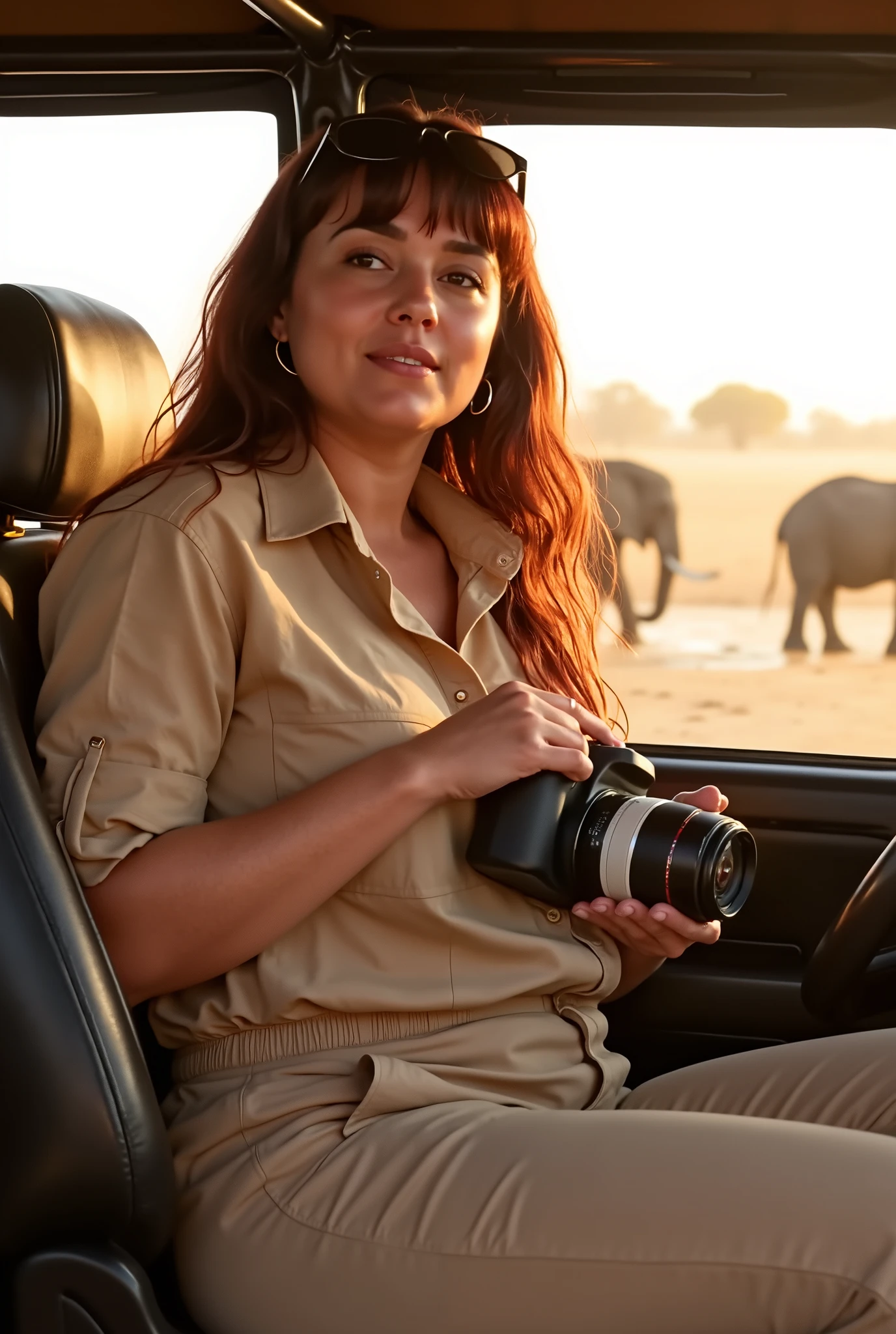 A **hyper-realistic mid-range shot** of a **lightly curvy woman with long, wavy dark red hair and soft bangs**, seated comfortably inside an **open-roof safari jeep in Senegal**, holding a **professional DSLR camera with a zoom lens**. She wears a **light khaki button-up shirt with rolled-up sleeves, beige safari-style cargo pants, and sunglasses resting on her head**.
Her expression is one of **excitement and concentration**, as she leans slightly forward, her **fingers adjusting the focus ring of the camera**. The **warm, golden sunlight illuminates her face**, casting soft highlights on her **hair and tanned skin**.
In the background, the **blurred silhouette of an elephant family walking past a watering hole** adds depth to the composition. The **dust kicked up by their heavy steps catches the sunlight**, creating a **dreamlike, cinematic atmosphere**. The **interior of the safari jeep features leather seats and safety bars**, emphasizing the adventurous nature of the journey.