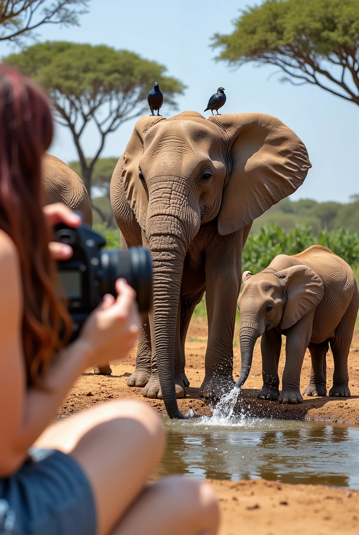 A **hyper-realistic, cinematic wildlife shot** of a **family of African elephants gathered around a watering hole in the Senegalese safari**, their **wrinkled, leathery skin covered in dried mud** from the earlier heat of the day. The **largest elephant, a matriarch, stands protectively in the center of the frame**, her massive ears slightly fanned out, while a **young calf playfully sprays water from its trunk**, creating tiny sparkling droplets suspended in mid-air. The **texture of their skin, the folds of their trunks, and the slight dust clouds rising around their feet** are captured in stunning, sharp detail.
In the **left corner of the image, a safari vehicle is visible**, where a **woman with long, wavy dark red hair and soft bangs sits holding a DSLR camera**, **her entire figure blurred and out of focus**. Her **hands are adjusting the camera lens**, but her form is softly faded into the depth of field, keeping full attention on the **elephants, who dominate the scene**.
The **background consists of acacia trees lining the watering hole**, with **bright blue skies reflecting off the shallow pool**, while a few **birds rest on the backs of the elephants, adding movement and life to the frame**. The composition is a perfect blend of **raw nature, elegance, and peaceful wildlife interaction**.
