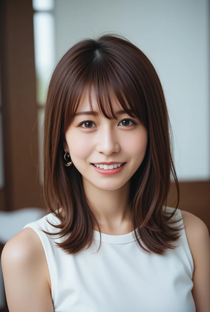shiraishi, The image is a portrait of a young Asian woman with long, straight hair. She is standing in front of a white pillar and is wearing a gray tank top with a gold zipper on the front. The woman is looking directly at the camera with a slight smile on her face. Her hair is styled in loose waves and falls over her shoulders. The background is blurred, but it appears to be an outdoor setting with a building visible in the distance. The lighting is soft and natural, highlighting the woman's features.