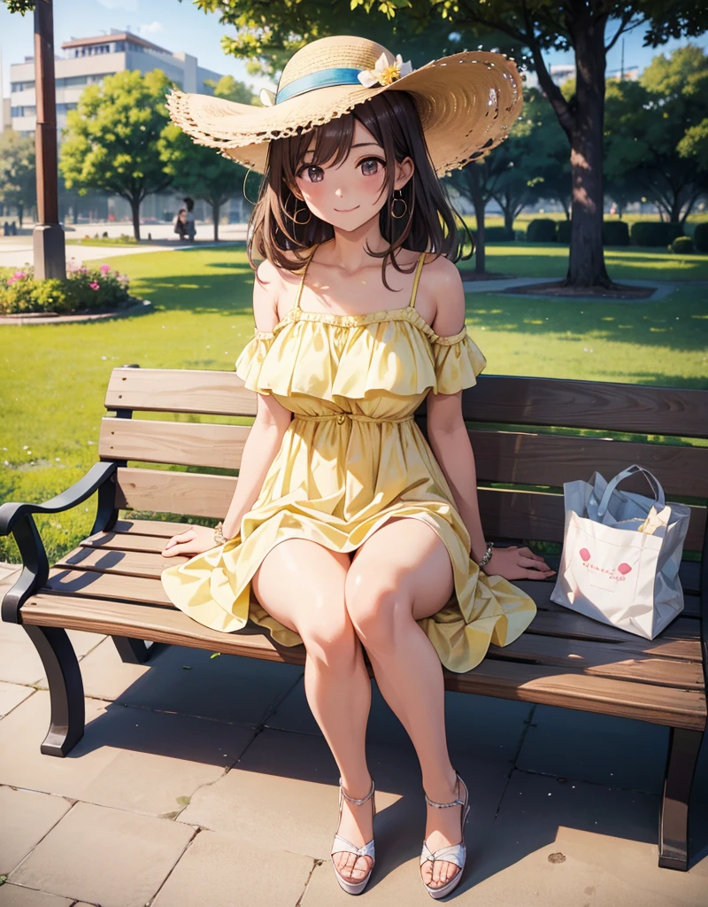 (masterpiece), best quality, expressive eyes, perfect face, highres, 1 girl, solo, yuigahama yui, short hair, (brown eyes:1.5), (orange hair:1.2), hair bun, single hair bun, blouse, black blouse, sleeveless, white bra, skirt, white skirt, ankle strap heels, (black heels), shopping mall background, smiling, squatting, portrait, looking at the viewer,