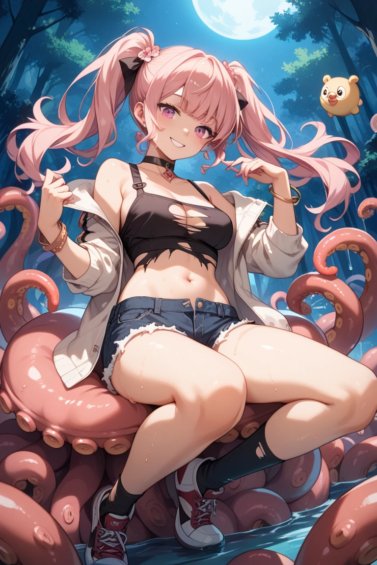 masterpiece, best quality,anime style, 1 girl,(((slender body))), (((small eyes,small breast,breast milk splashing from nipples,breastfeeding a evil baby))),(((Jacket, Open your clothes, Open jacket, Blue jacket, ground vehicle, Sports Bra, bicycle,buruma))),(((((brown tentacles bound a girl)))),((((cum)))), (beautiful face), (((short hair))), (((straight hair))), ((((pink hair)))),detailed beautiful skin, (perfect hands, perfect anatomy),scream