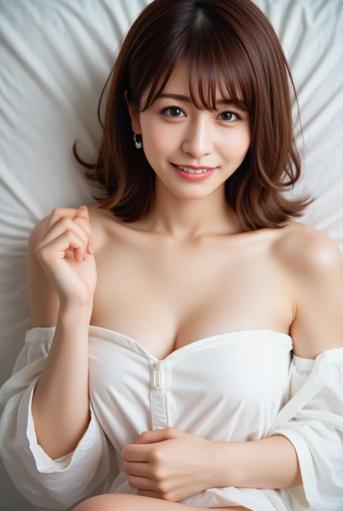 Innocent 20 year old girl、((Wear an open-chested yukata))Smile,short-cut,Bed background,Upper body naked、beutiful breast、beautiful nipple,Raw photo, ultra-detailliert, Studio Soft Light, Rim Lights, vibrant detail, super detailing, realistic skin textures, Detail Face, Beautiful detail eyes, Very detailed CG Unity 16k wallpaper, make - up, (detailedbackground:1.2), shinny skin, Full body、From head to thigh、((Sleep facing up、Angle looking down from above))