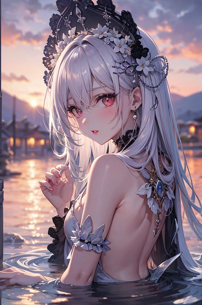 (Masterpiece, best quality, extremely detailed CG, beautiful detailed eyes, super detailed, complex details: 1.2), 8k wallpaper, white hair, realistic, ((1 girl))), water, sunlight, Kamigawa \ (Genshin Impact\), 1 girl --auto --s2