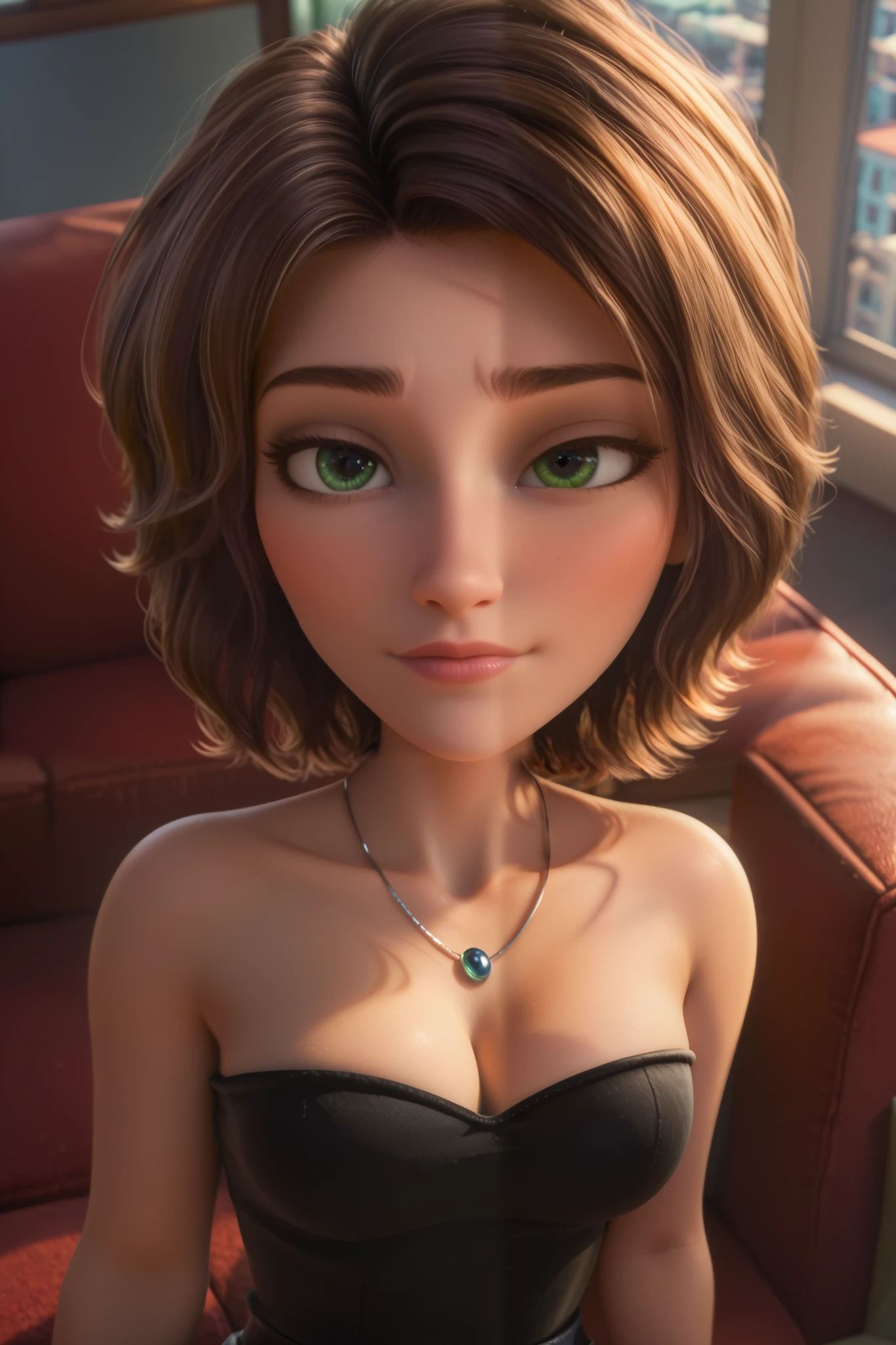 (((((Seen from a high angle)))), top view of the character, (close-up on her breasts)), blouse down: 1.4, blouse down, looking down on her loose blouse, her cleavage is prominently visible, neckline slightly open, deep view of her breasts.((young woman)), ((character focus: 1.1)), (perfect face, perfect eyes, detailed eyes, green eyes), seductive facial expression, seductive, full lips, thin eyebrows, (((closed mouth))), short and voluminous (brown hair: 1.1).She (((((wears a low-cut black strapless top)))), (((black top))), strapless top, thin silver necklace with a blue pendant.Her body is ((thin)), ((thin waist)), (wide hips), (thick hips), (((firm silicone breasts))), hard and protruding nipples, pronounced nipples, (((realistic details))), (((correct anatomy))).Modern living room background, American living room style, red sofa, window overlooking the city, soft natural lighting.
(8k), (((best quality))), (((masterpiece))), (((photorealistic))), ultra detailed and ultra realistic face, UHD, cinematic lighting, detailed skin.