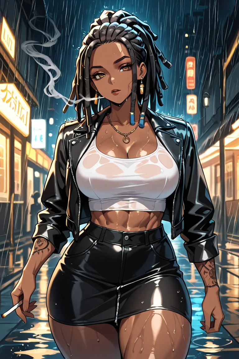 girl spacepunk,(((1girl))),((beautiful girl with cute cat ears)),
(small breasts, small boobs, small tits:1.4),perky breasts((afro hair:1.35)),afrohair,afro:1.35,dark hair,black hair,)))),medium hair,(((yellow_eyes:1.3))),intricate eyes,beautiful detailed eyes,symmetrical eyes,((fat)),((((tan,dark skin,black skin:1.35,dark-skinned_female,dark skin:1.3,ebony skin,lustrous skin:1.5,bright skin: ,shiny skin,very shiny skin,shiny body,plastic glitter skin,exaggerated shiny skin,illuminated skin,wet legs))),(spider lower abdomen,narrow waist,wide hip,athletic body,inflated legs,detailed body,(detailed face)),
cute,slutty,seductive,erotic,(((nsfw))),
zettai ryouiki,revealing clothing,show skin,((((underboob)))),((cleavage)),(semi-naked,with little clothing,((tiny thong, armor thong intricate)),large sport socks,visible thong straps,no bra),((((crop top hoodie,cropped hoodie,hoodie,hoodie intricate)))),(((wet clothes,intricate outfit,intricate clothes))),
(dynamic pose:1.0),solo focus,embarrassed,(centered,scale to fit dimensions,Rule of thirds), pose focus on butt, focus on waist
cyberpunk city by the ocean at night, with bright neon signs and dark stormy clouds and puddles, scenery:1.25,nighttime, starry night, cosmos,
artistic photography,(photography taken by sldr),highres, sharp focus, (ultra detailed, extremely detailed), (photorealistic artwork:1.37),(extremely detailed CG unity 8k wallpaper),((synthwave background theme)),(((vibrant colors))),(intricate background),(masterpiece),(best quality),