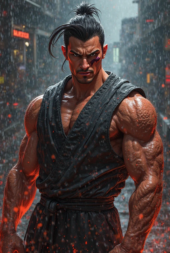 A muscular yakuza man with short brown hair and the power of earth
