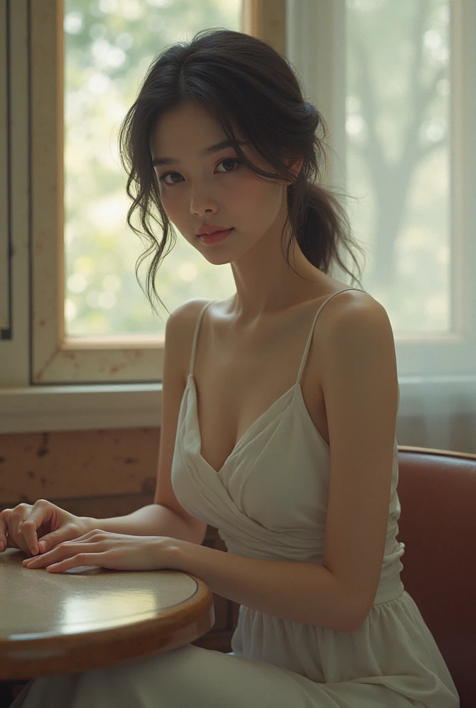 table top, highest quality, figure, super detailed, finely, High resolution, 8k wallpaper, Perfect dynamic composition, beautiful and fine eyes, ladies' fashion,very short hair,small breasts natural color lip, bold sexy pose,smile,harajuku、20 year old girl、cute、sexy shot looking at camera