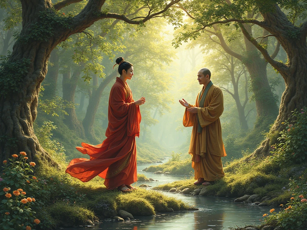 Old monk master standing with monk student and watching roots beneath the ground can be seen, in anime style,