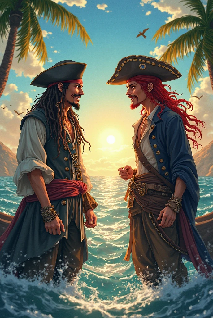 Beautiful pirate woman arguing with a pirate man, lcas artstyle, (detailed facial features), gorgeous face, bright neon colors clothes, colorful makeup, Rainbow Road, broad light, backlighting, bloom, light sparkles, chromatic aberration, lens flare, glitter, confetti, <lora:Lucasarts Artstyle - (Trigger is lcas artstyle):1>