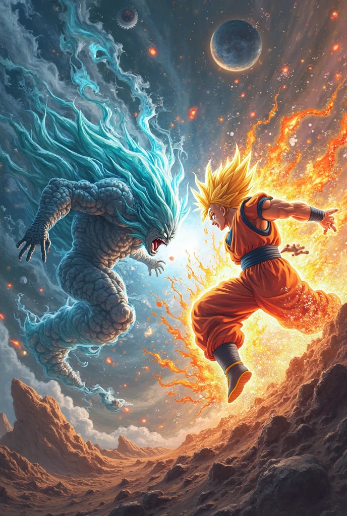 man with dark skin, long dark blue hair, square glasses, green eyes, wearing black pants, (dragon ball style:1.2), fighting in a mountain background, (best quality,4k,8k,highres,masterpiece:1.2),ultra-detailed,(realistic,photorealistic,photo-realistic:1.37),vibrant colors,dramatic lighting