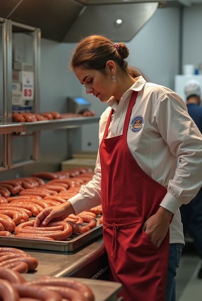 happy young woman working with chicken eggs in a chicken egg factory, white uniform, face perfect, ultra HD, 8K