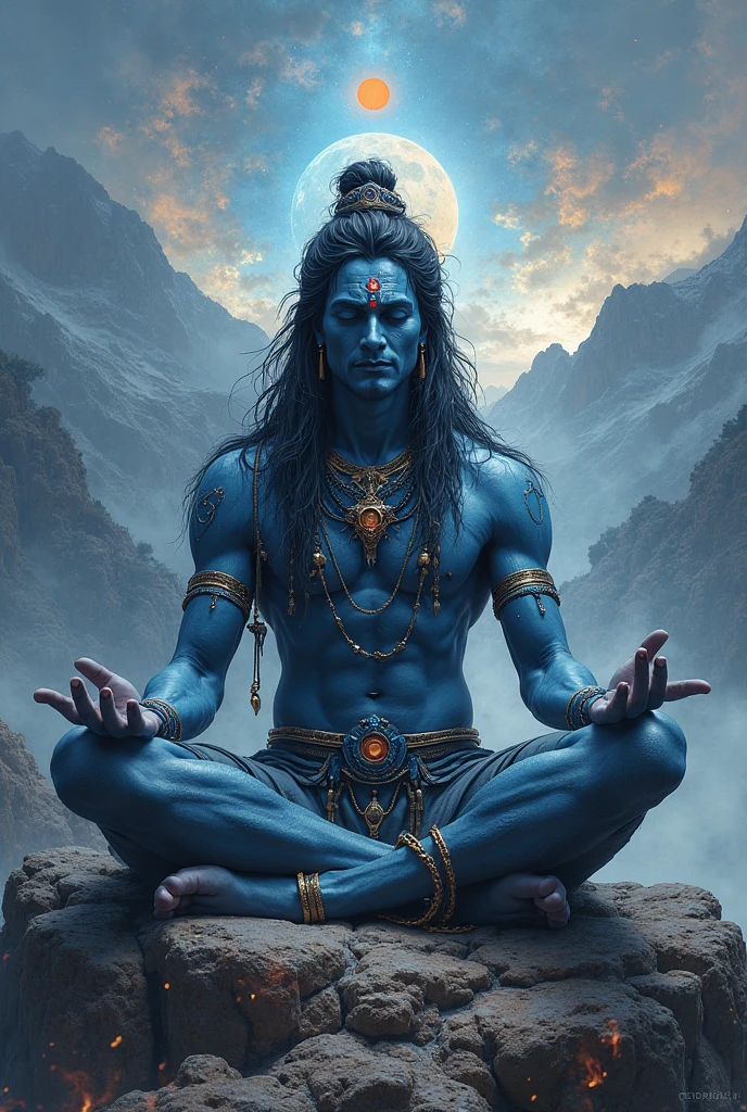Adiyogi lord shiva image having half moon on his head and that glow like real moon light and and he seat on a mountain