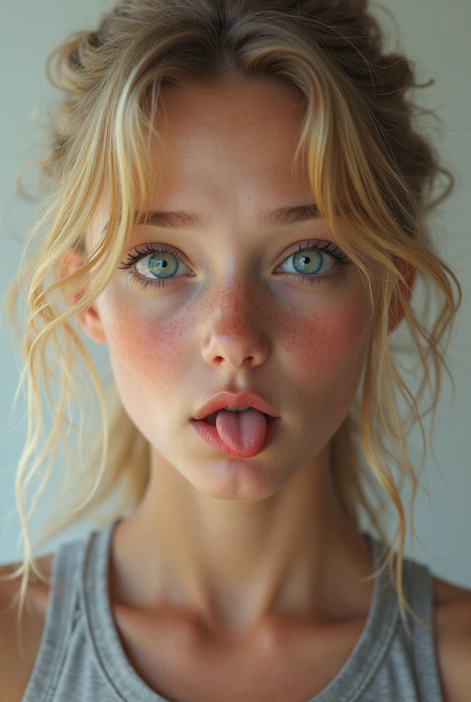 Young blonde girl with freckles, sticking out her tongue, wearing a skirt and her bikini showing underneath. Her eyes look at the camera and she bites her lips