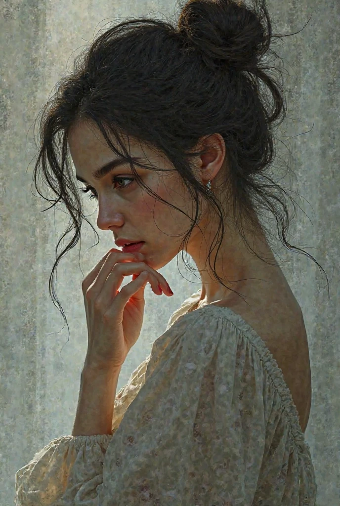 masterpiece, high quality, Beautiful woman, I rest my chin on my hands and look out the window, Humidity and sweat, Apathetic look, A little dark room, It's raining outside the window