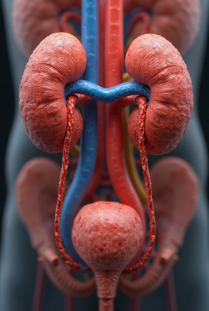 Show me a kidney filling the bladder and the bladder full expelling urine in drops
