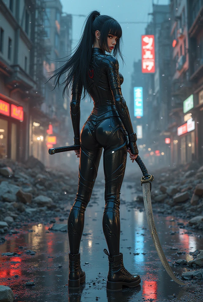 Black long straight hair ponytail female chest cleavage tights white full body sci-fi armor high heels katana sword apocalyptic ruined city