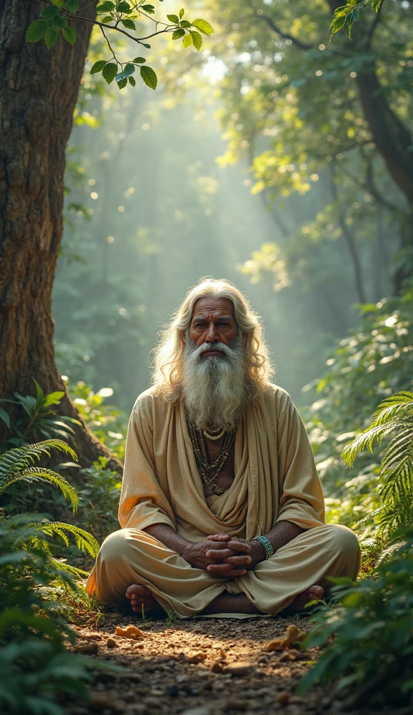 A 60 year old Sadhu is sitting in the middle of a forest, with five other man in 40 year old Sadhus standing with folded hands, whose hair is white, skin is fair, clothes are saffron.  captured in an ultra-realistic full HD 4K portrait, detailed texture showing its menacing shape, Immersive atmosphere, high definition shadow play, digitalpainting, nevoa no environment.