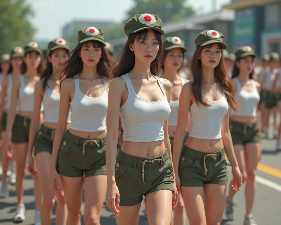 (At sunset:1.6)、Inspired by the 007 movie、Tense atmosphere、Dramatic、(Original Photography、8K、Masterpiece、high resolution、very complicated)、(Top quality)、(Reality的:1.4)、(Full body female love:1.6)、Movie Lighting 、summer、Heat、Exquisite girl、 Exquisite facial features、2 beautiful women、20 years old、tall and sexy、((3 beautiful women standing in the ruins))、short hair、(湿透的short hair:1.6)、(Very detailed)、Single focus、((Perfect body))、(Digital camouflage military uniform、Armed belts、Camouflage shorts、Leather Boots:1.2)、(复杂的Digital camouflage military uniform、badge、stripe、Pattern、Cleavage)、(Large cleavage)、(Very long legs:1.8)、(Reality)、3 women together、The post-war village、There is fire in the background