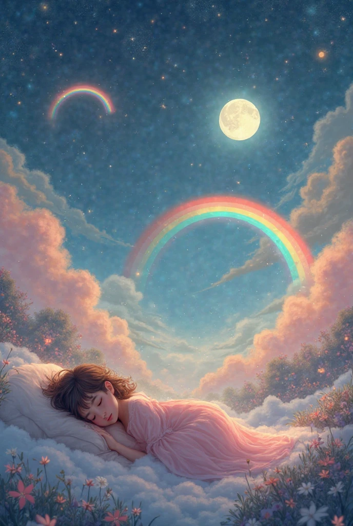 An 18-year-old young girl sleeping sweetly covered with colorful clouds, floating in the ethereal void, extremely quiet, serene, aesthetic, very allegorical pictures, high quality, 8k