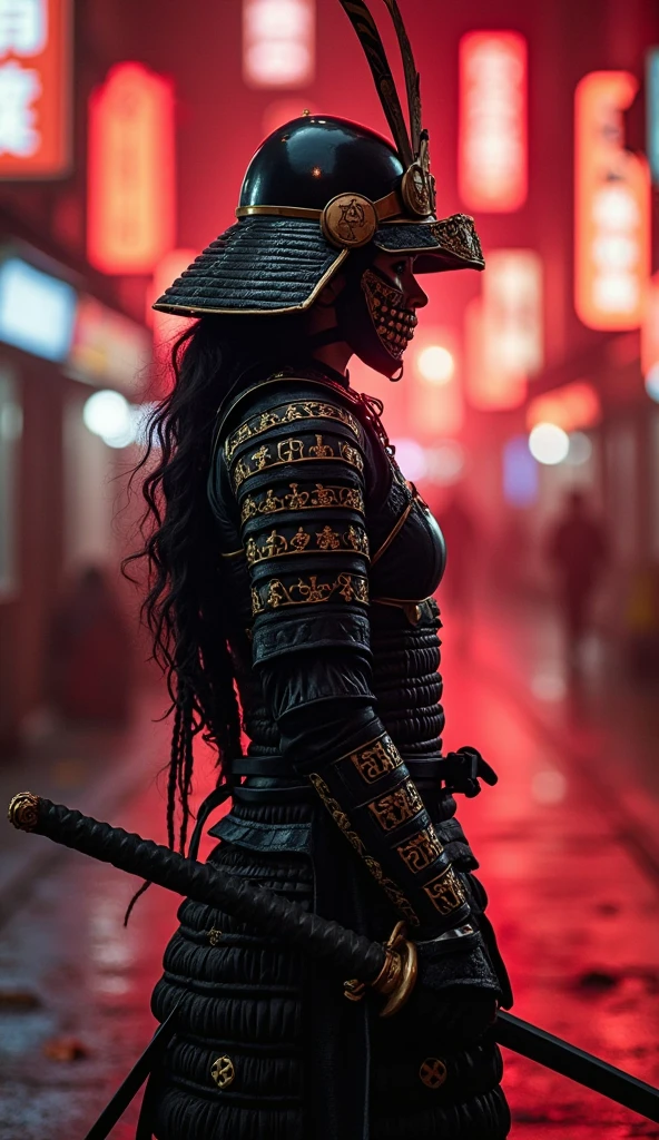 geisha. Black and white hair. Chrome samurai armor. Shiny black katana. Cyberpunk Background . on his knees . oni mask. tattooed . Bright red moon
