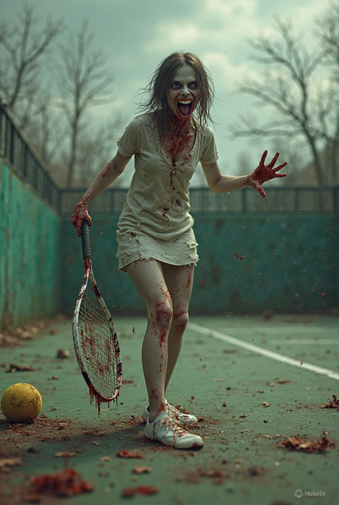 Create an ultra-realistic image of a sexy zombie woman in a tennis outfit, holding a racket. The zombie woman should embody athletic elegance, with loose waves in her hair and a hauntingly seductive expression. Her skin should show visible signs of decay, including subtle cracks, exposed bone, and darkened areas, enhancing her eerie allure. She should be dressed in a white, short tennis skirt and matching top, similar to modern women’s tennis outfits, with pleated or flared designs that allow for easy movement. The outfit should be strategically torn to reveal more of her decaying body, including some intimate parts, adding a sexy and provocative element to her undead charm. The background should be simple and not distract from the main focus on the zombie woman
