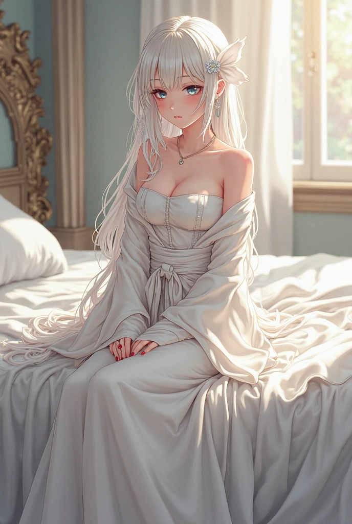 a woman with white hair, green eyes, kneeling on a bed, looking at the camera, biting her lips, curvy body, high quality, 8k, realistic, photorealistic, extremely detailed, detailed facial features, beautiful detailed eyes, beautiful detailed lips, porcelain skin, dramatic lighting, dramatic colors, cinematic composition