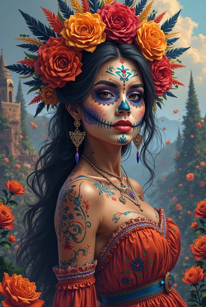 Oil painting alluding to the Day of the Dead of the Purepecha culture and with elements such as the cempasuchil and the monarch butterfly