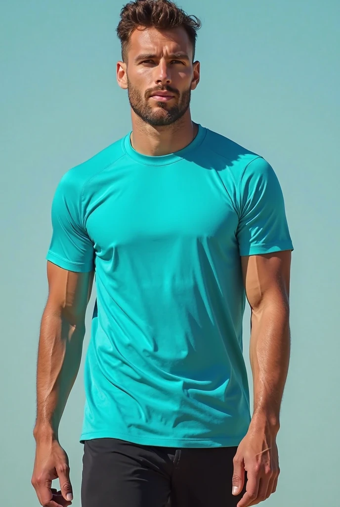Muscle man with blue shirt on a beach
