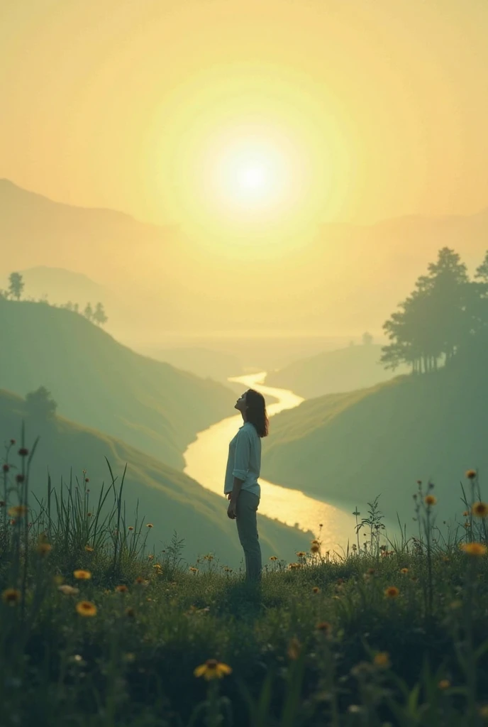 A Spiritual Utopia: A State of Inner Wholeness and Serenity, A portrait depicting a young woman, wearing three white t-shirts and blue denim shorts, sitting in a meditative pose, floating in the air. The center of the image is a glowing golden spherical tree, forming a circle. The branches and roots are filled with golden and silver leaves. The background should include a serene lake reflecting the night sky, filled with stars and showcasing the Milky Way galaxy. In the distance, there should be silhouettes of mountains beneath the stars., The atmosphere is serene and luxurious..