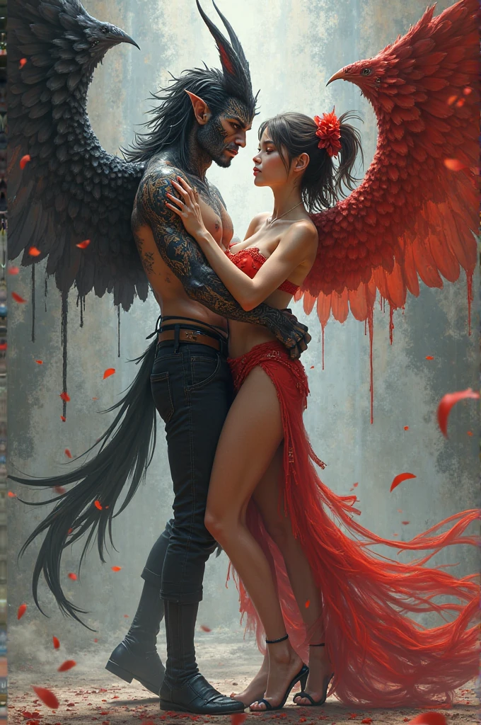 Korean purple hair butterfly woman with headphone and transparent outfit and hell boy demon boyfriend all on fire 