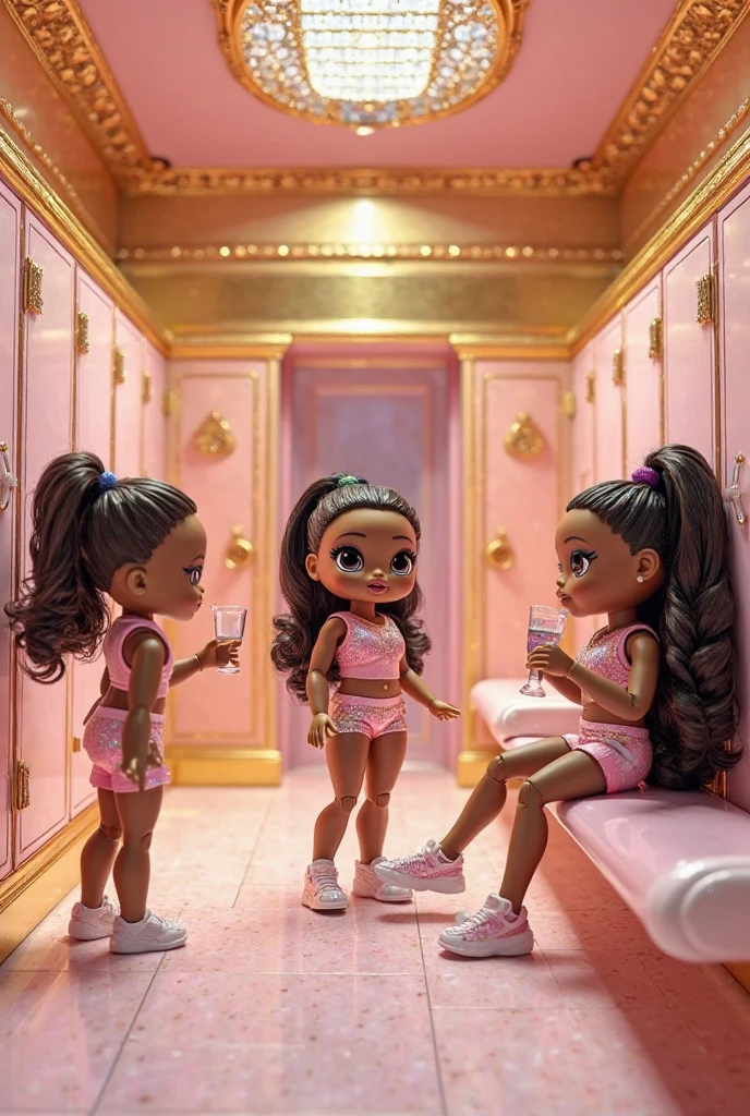 NSFW, iPhone photo, , three young girls, 12 yeng body, youth face, light skin Afro-American, ponytails, legs spread apart, seductive laugh, necklace, earrings, selfie, Barbie funhouse, bracelet, tiara, tan lines, dildo, tattoo
