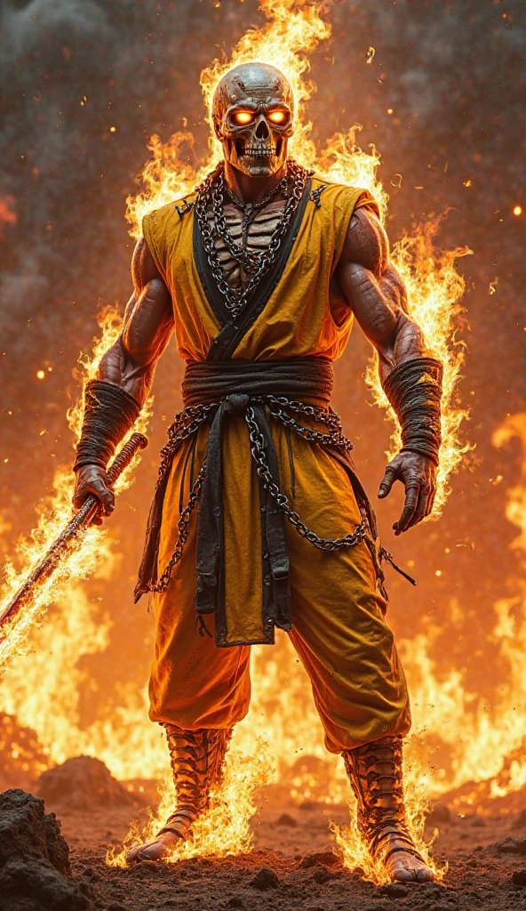 1man, shirtless, martial arts, yellow mask with open mouth, white eye patterns with black outline , muscular, green costume, yellow belt and boots, burning fists, black dragon tatto shapes into a circle, mystical city background