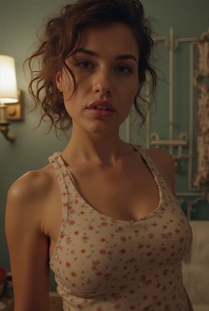 Jenna Coleman: Natalie Portman: Kitty Pryde: bottomless: (kitchen) frying pan: oversized t-shirt: ((braless)) turn off the shoulder: ((vagina)) naked: (see through top) ((eat pizza))