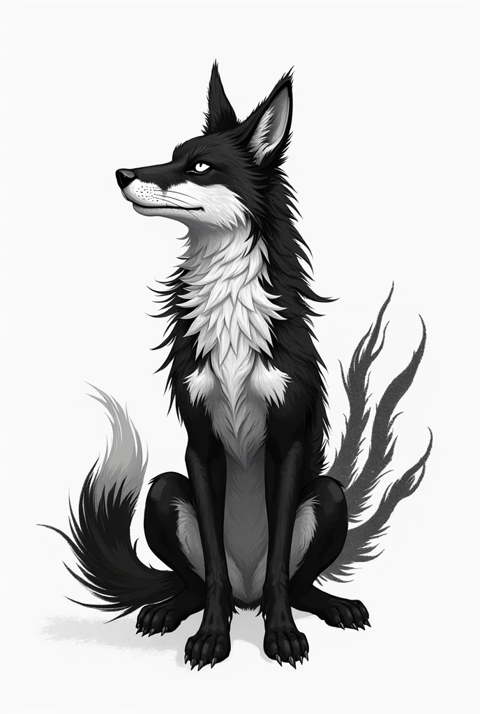 Sketch of h/b fox and wolf hybrid tattoos with tails, sitting and looking up. Use only black. Let there be three tails