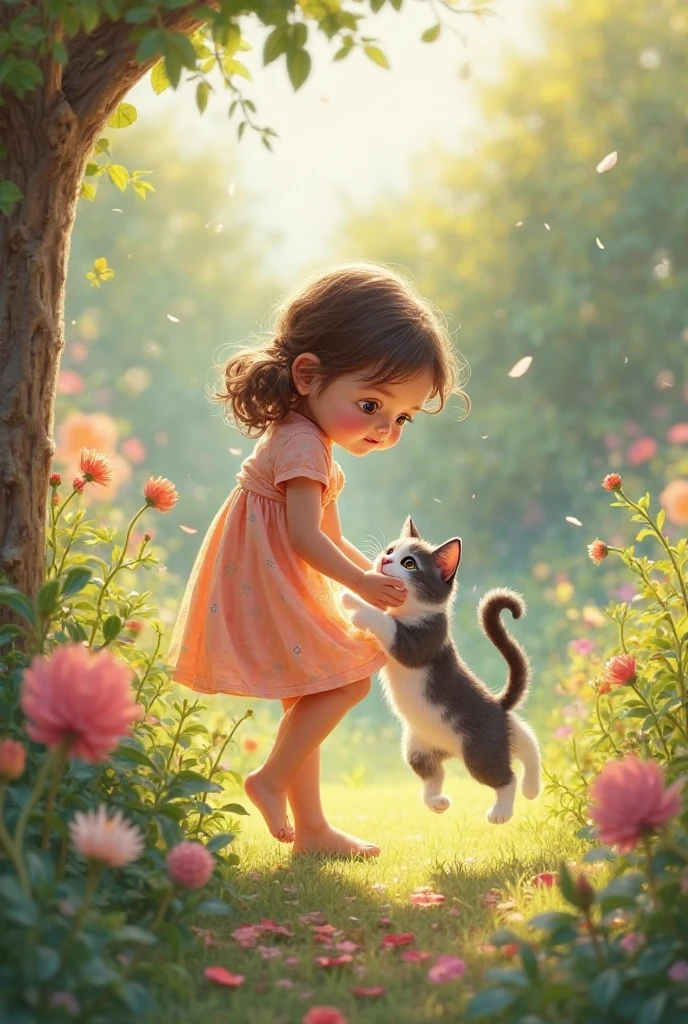 Lily was a young girl who loved exploring the garden behind her house.A young girl with brown hair in pigtails, wearing a simple dress, is joyfully walking through a vibrant garden filled with colorful flowers, green bushes, and tall trees.One day, while picking flowers, she heard a soft meow.The girl is bent over picking bright flowers, looking surprised as she hears a faint meow coming from behind a nearby bush.Turning around, she found a tiny, lost kitten hiding under a bush.The girl is kneeling down, parting the leaves of a bush to reveal a small, fluffy kitten with big blue eyes, looking scared and alone.The kitten, with its big blue eyes and fluffy fur, looked scared.A close-up of the kitten, showing its soft, fluffy fur and large, round blue eyes filled with fear.Lily gently picked up the kitten and brought it home.The girl is holding the kitten carefully in her arms, walking towards a cozy cottage in the background, with a warm, welcoming glow coming from the windows.She named it Whiskers.The kitten, now a little more comfortable, is being petted by the girl who is smiling, as she lovingly calls it "Whiskers."Every day after school, Lily would play with Whiskers in the garden, teaching him tricks and sharing her snacks.The girl and the kitten are seen playing together in the garden, with the girl tossing a small ball, and the kitten joyfully chasing after it, with some snacks laid out on a blanket nearby.They quickly became the best of friends.A heartwarming scene of the girl and the kitten cuddling together under a tree, with the sun setting in the background, casting a golden glow over the garden.One rainy evening, Whiskers noticed Lily’s favorite doll left outside.A rainy evening scene with the kitten sitting by a window, looking out at the garden where a doll is left lying on the wet grass.Braving the rain, the little cat ran out, grabbed the doll in his mouth, and brought it back inside, all soaked but proud.The kitten is running through the rain, soake
