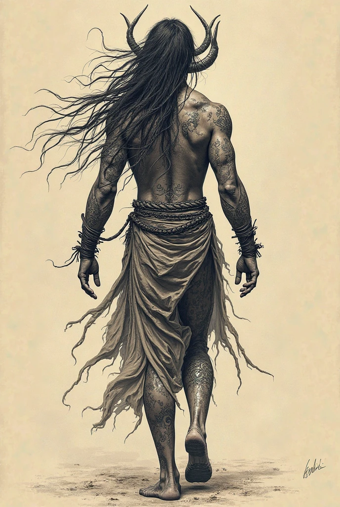 Create the following tattoo in pointillism specifically in pointillism the tattoo could represent a human figure with one foot on a dark and abstract creature that symbolizes Fenrir. The figure could be in a fighting stance, with an expression of calm and determination, while holding a broken spear or shield, symbols of the sacrifice necessary to fulfill one's destiny. Instead of explicitly showing the violent action, The tattoo could use elements such as cracks in the ground or a bleak landscape to represent devastation and sacrifice on the path to victory.. The character's sandals or feet could have significant details, as runes or marks, symbolizing secret power