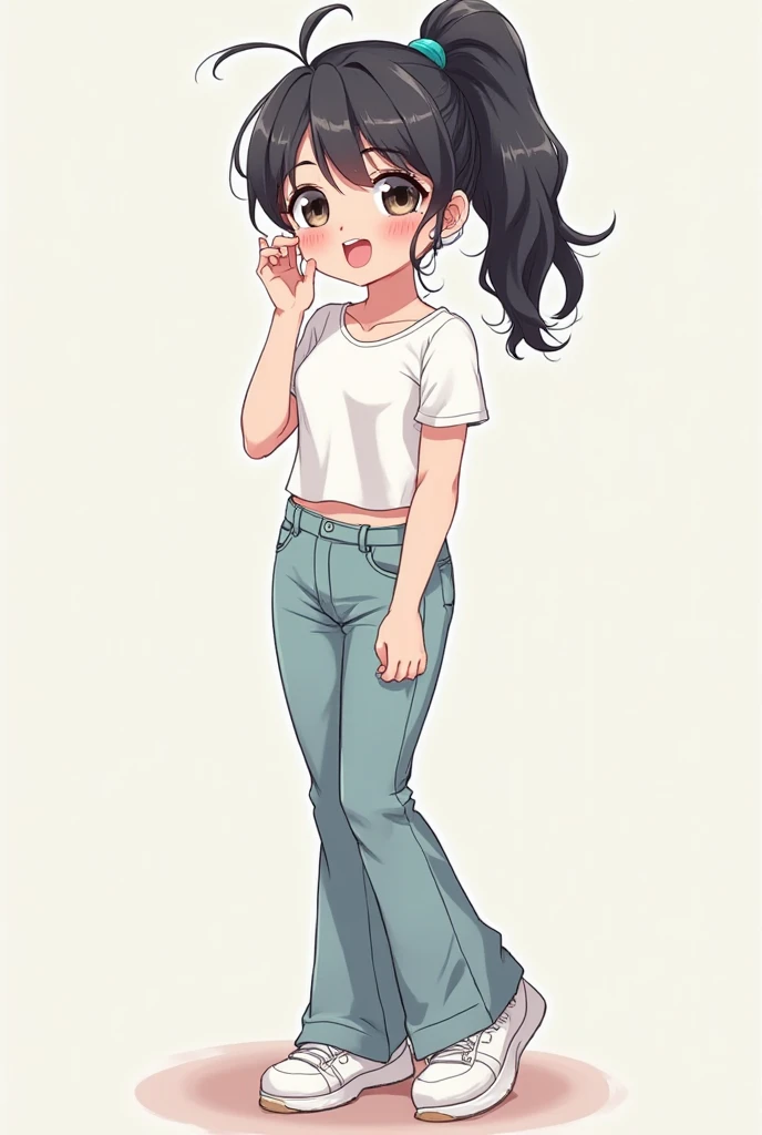 (a young girl with tiny body,) flat chest, large nipples, huge buttocks, dark hair, indoor scene, knee-shot, 5 head size, casual and revealing outfit, looking at camera, and innocent,open mouth smile ,peacesign, sexy, cheeky girl,
