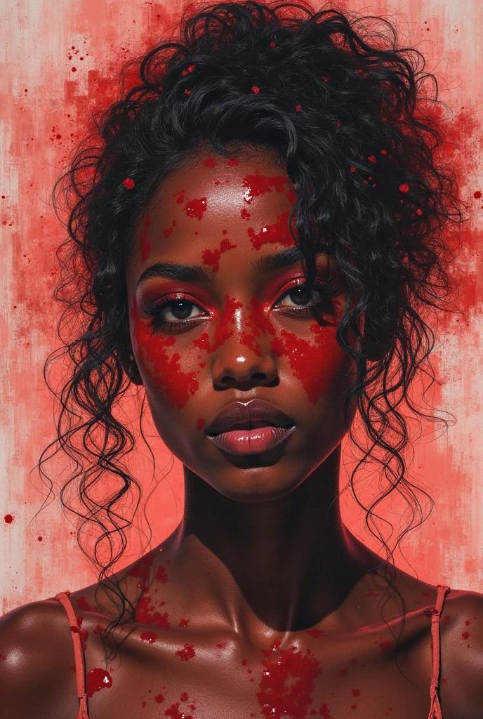colored pencil drawing (dark brown woman) hugging a broken red heart, (black and green paint dripping from the top of the heart), painterly, matte paint, universe in backdrop, teary eyes closed