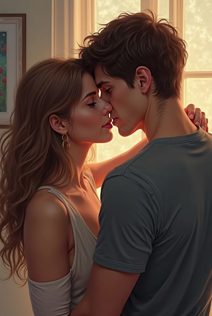 A cute 13 year old girl with medium hair french kissing her 13 year old hot boy friend