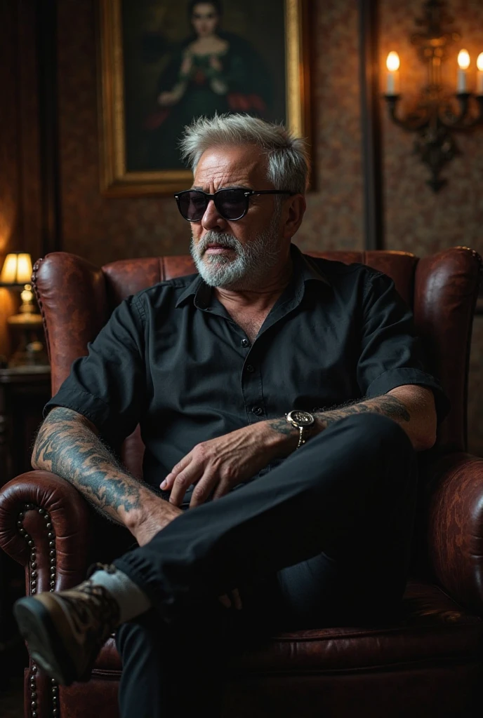 a slightly mature Malay man is sitting in a luxurious dignitary. Dark atmosphere .the man is wearing a black shirt. sunglasses.tattooed.blond hair.the full picture shows his legs standing.the shirt is slightly open.fierce face.the man is looking at the window.Pants.is burning a cigarette.gray hair.