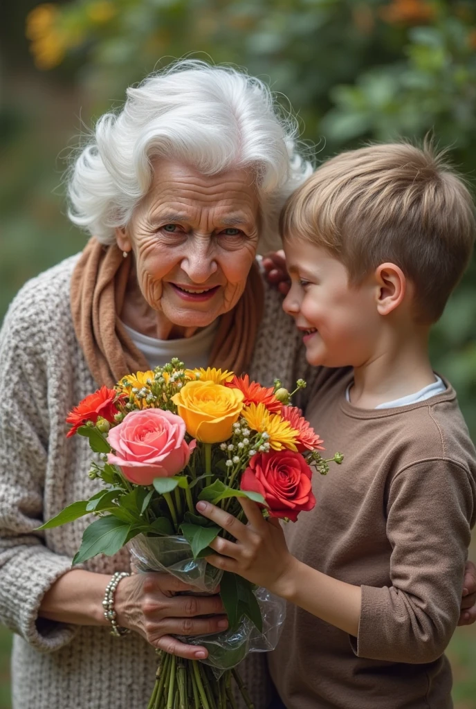 Smiling blue-eyed child offering a blue rose to an elderly woman in the 1950s, wonderful neoclassical image with colorful tones
